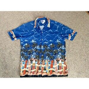 VTG RJC Hawaiian Shirt Mens Size L Surfboards Palm Trees Hawaii Aloha Tiki USA